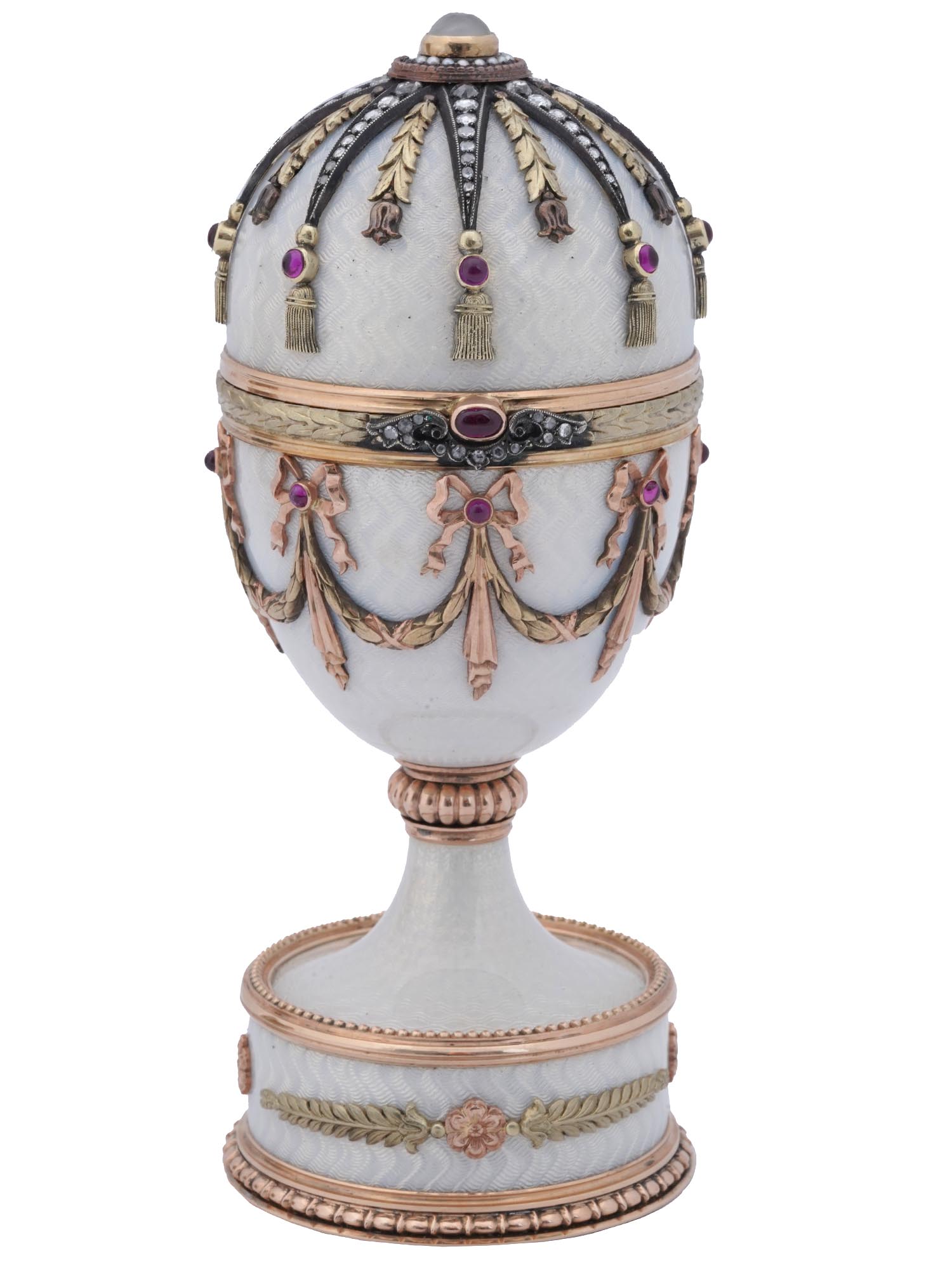 RUSSIAN 56 GOLD ENAMEL GARNETS DIAMOND EGG STAND PIC-0